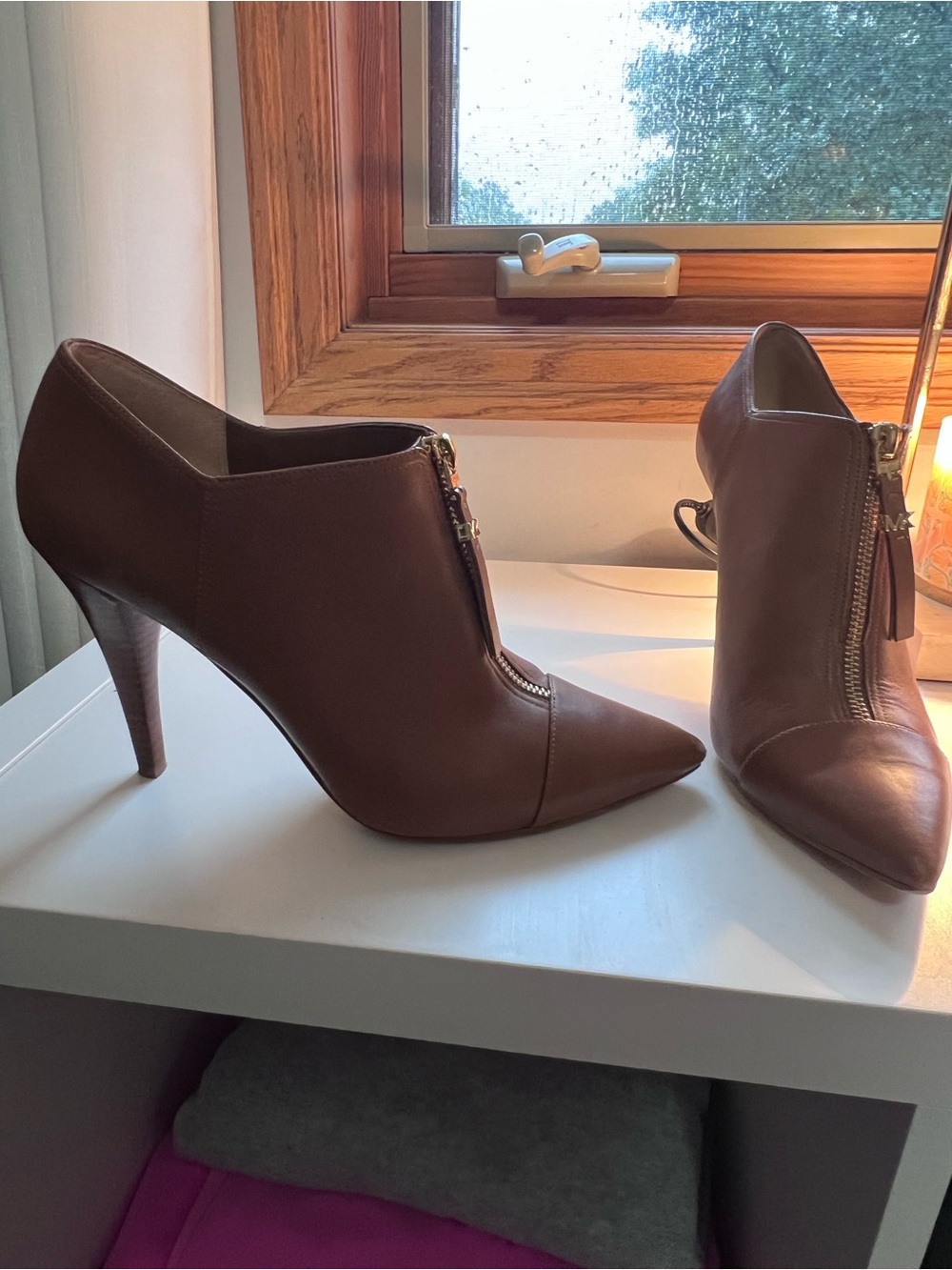Michael Kors Camel Leather Pointed Toe Stiletto Ankle Boot with Front Zip